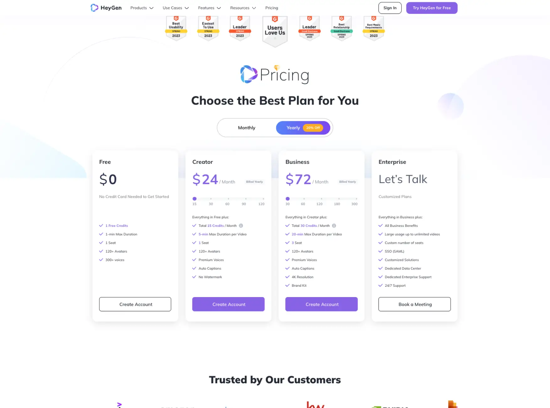 HeyGen web development screenshot. Plans pricing page.