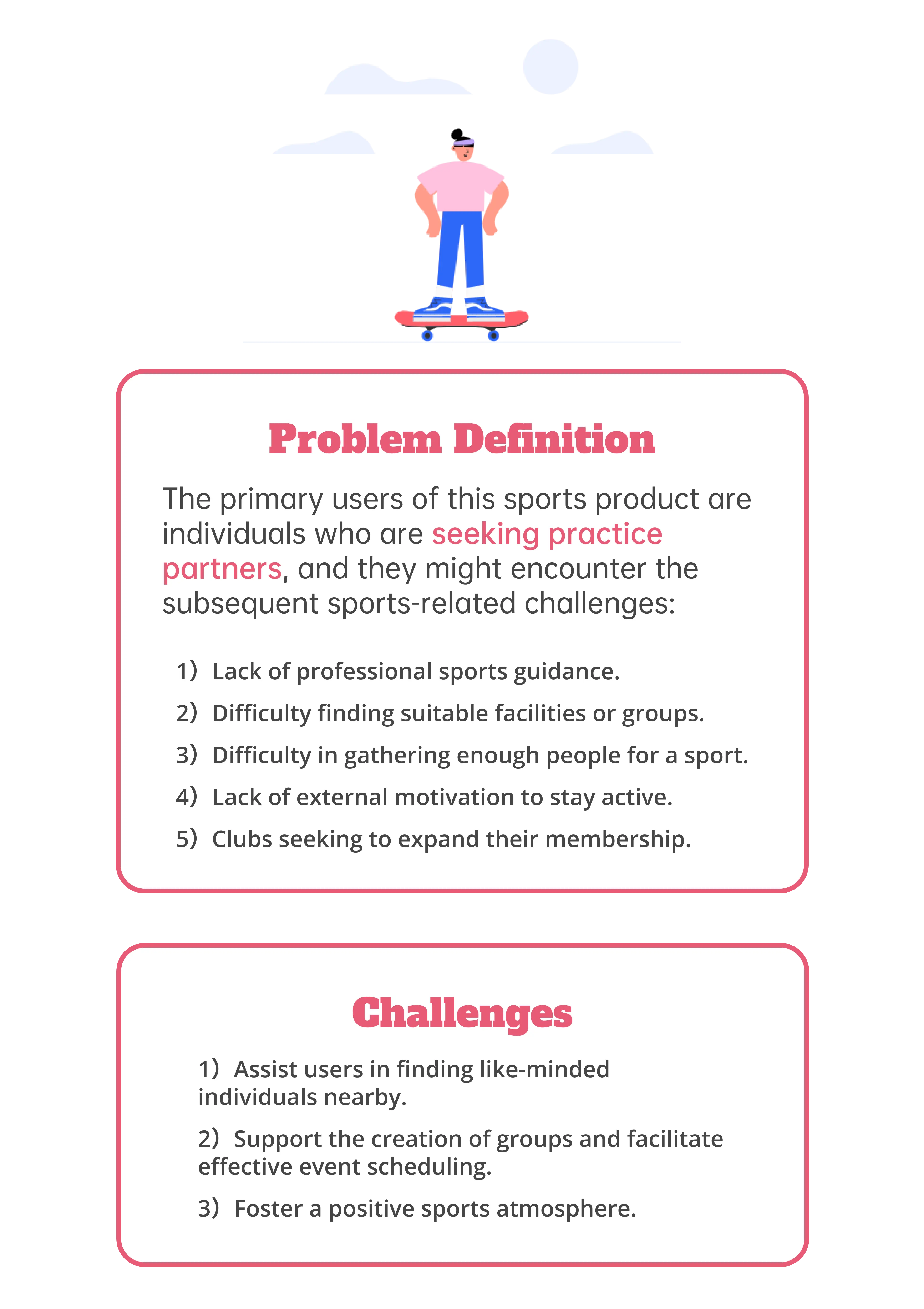 Sportoo app user needs and objectives.